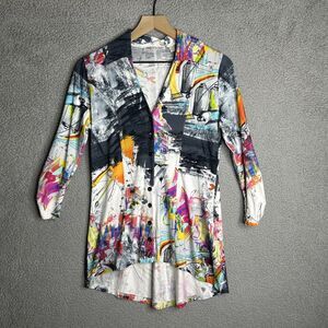 SNOSKINS Button Top Womens Small Colorful Artsy Graffiti Abstract Fun Casual